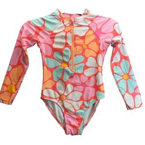 Wonder Nation Swimsuit Kids S 6 Coral Floral Long Sleeve Rash Guard Retro Bright